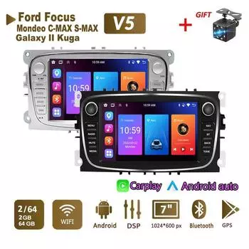 Автомобильный радиоприемник мультимедийный проигрыватель для Ford Focus Mondeo C-MAX S-MAX Galaxy II Kuga 2 Din Android Carplay GPS Autoradio 2+64 ГБ 1+32GB чёрный