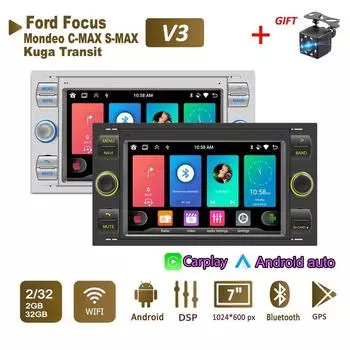 Автомобильный радиоприемник мультимедийный проигрыватель для Ford Focus 2007 Mondeo S-max C MAX Kuga Galaxy Fiesta Transit Fusion 2 Din Android Carplay GPS Autoradio 2+32 ГБ
