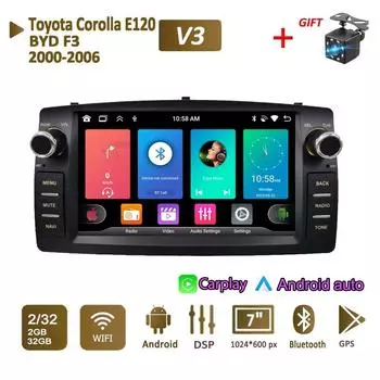 Автомобильный радиоприемник, мультимедийный проигрыватель для Toyota Corolla E120 2000-2006 BYD F3 2 Din Android Carplay GPS Авторадио 2+32 ГБ 1+32GB чёрный