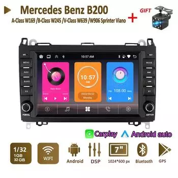 Автомобильный радиоприемник, мультимедийный проигрыватель для Mercedes Benz A-Class W169 B-Class W245 V-Class W639 W906 Sprinter Viano 2 Din Android Carplay GPS Autoradio 1+32 ГБ чёрный