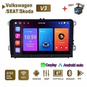 Автомобильный радиоприемник мультимедийный проигрыватель для Volkswagen/Golf/Polo/Tiguan/Passat/b7/b6/SEAT/Leon/Skoda/Octavia 2 Din Android Carplay GPS Автомагнитола 2+32 ГБ 2+32GB