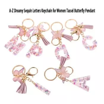 AZ Dreamy Sequin Letters Брелок для женщин Подвеска-бабочка с кисточками Инициал Брелок для кошелька Подвеска для сумок Амулеты Автомобильный брелок Z