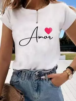 (Азиатский размер) Футболка Love Style 90s Lovely Trend с графическим принтом, повседневная модная женская футболка с коротким рукавом S