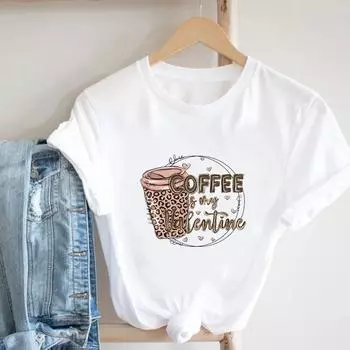 (Азиатский размер)Футболка Одежда Coffee Love Trend Футболка в стиле 90-х годов Модная повседневная женская футболка с коротким рукавом с принтом Леди Женская футболка с круглым вырезом и графикой S