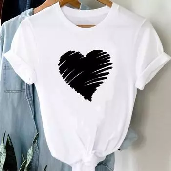 (Азиатский размер) Футболка с акварелью Love Heart Trend Симпатичная верхняя модная повседневная одежда 90-х годов Футболка с коротким рукавом Женская футболка с принтом Леди Женская футболка с круглым вырезом S