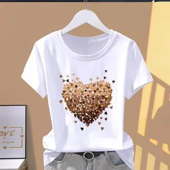 (Азиатский размер) Футболка с графическим принтом Футболка с принтом Love Heart Watercolor Trend Повседневная модная женская футболка с коротким рукавом S
