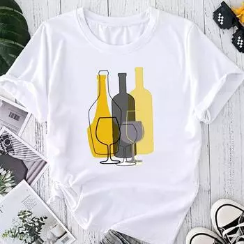 (Азиатский размер) Футболка с графическим принтом, женская футболка Wine Love Trend, милая милая женская летняя футболка 90-х годов, женская футболка, повседневная модная футболка с коротким рукавом S