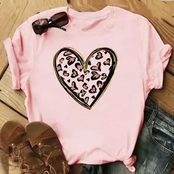 (Азиатский размер)Футболка с леопардовым принтом Love Heart Trend, милая одежда, повседневная женская футболка с коротким рукавом и принтом, женская модная футболка, женская футболка с графическим рисунком S