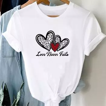 (Азиатский размер) Футболка Топ Love Heart Trend Leopard Симпатичная модная повседневная одежда 90-х годов Футболка с коротким рукавом Женская футболка с принтом Леди Женская футболка с круглым вырезом и графикой S