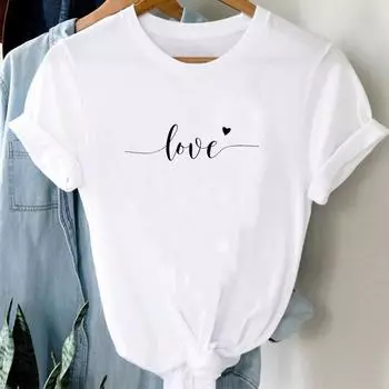(Азиатский размер) Футболка Топ Love Letter Sweet Trend Симпатичная Прекрасная модная повседневная одежда Футболка с коротким рукавом Женская футболка с принтом Леди Женская футболка с круглым вырезом и графикой S