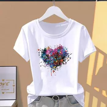 (Азиатский размер) Графическая футболка Футболка с акварельным принтом Love Heart Style Повседневная модная женская футболка с коротким рукавом S