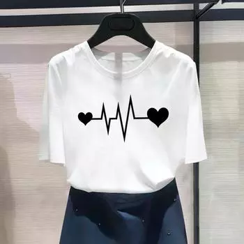 (Азиатский размер) Мода Love Style Trend Милая милая футболка с графическим принтом 90-х годов Женская повседневная футболка Повседневная женская футболка с коротким рукавом S