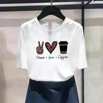(Азиатский размер) Модная футболка с принтом Coffee Love Trend в стиле 90-х годов и графическим рисунком, женская повседневная футболка, повседневная женская летняя футболка с коротким рукавом S