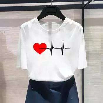 (Азиатский размер) Модный принт Heartbeat Sweet Love в стиле 90-х годов, трендовая графическая футболка, женская повседневная футболка, повседневная женская футболка с коротким рукавом S