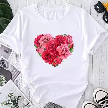 (Азиатский размер) Модный принт Love Heart Flower Trend Симпатичная футболка с рисунком 90-х годов Женская повседневная футболка Одежда Повседневная женская футболка с коротким рукавом S