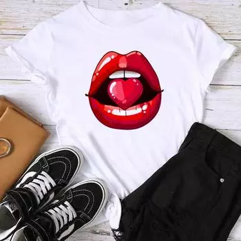 (Азиатский размер) Модный принт Love Heart Lip Trend, милая футболка с рисунком 90-х годов, женская повседневная футболка, повседневная женская футболка с коротким рукавом S