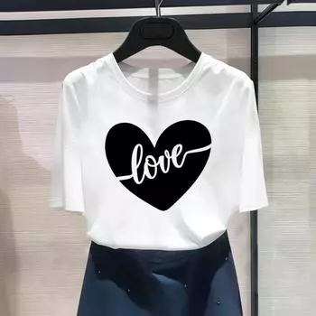 (Азиатский размер) Модный принт Love Heart Sweet Cute Trend 90-х годов Графическая футболка Женская повседневная футболка Повседневная женская футболка с коротким рукавом S