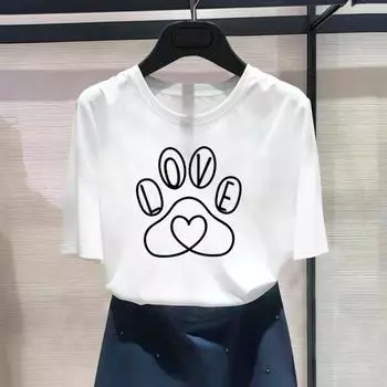 (Азиатский размер) Модный принт Paw Love Heart Dog Cat Pet Sweet Женский повседневный женский топ Повседневная футболка Футболка с рисунком Футболка с коротким рукавом S