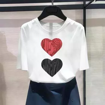 (Азиатский размер) Модный принт Sweet Love Heart в стиле 90-х годов, милая футболка с рисунком, женская повседневная футболка, повседневная женская футболка с коротким рукавом S