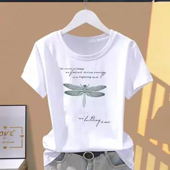 Азиатский размер - одежда Dragonfly Love Trend, милая повседневная футболка с принтом в стиле 90-х, женская женская футболка, женский летний топ, модная футболка с рисунком, футболка с коротким рукавом S