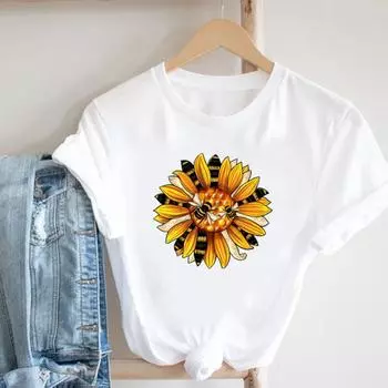 (Азиатский размер) Одежда Flower Bee Trend Прекрасный тренд Симпатичная повседневная футболка Модная футболка с коротким рукавом Женская футболка с принтом Леди Женская футболка с круглым вырезом и графикой S