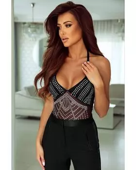 Azura Exchange Halter Neck Rhinestone Bodysuit XL чёрный
