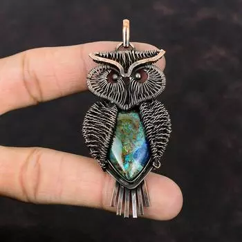 Azurite Malachite Pendant Copper Wire Wrapped Pendant Gemstone Copper Jewelry Handmade Pendant Wire Wrap Jewelry Owl Pendant Gift For Mother