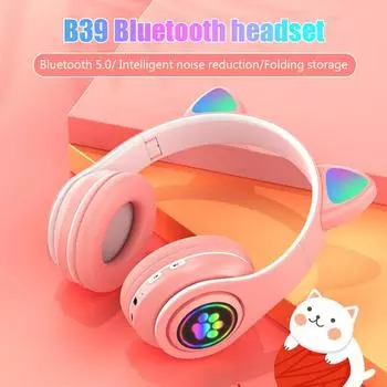 B39 Беспроводная Bluetooth-гарнитура с микрофоном, шумоподавляющие наушники, складные стереонаушники Cat, спортивные игровые наушники с TF розовый