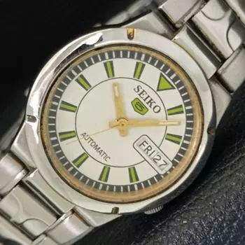 Б/У РЕДКИЕ МУЖСКИЕ ЧАСЫ SEIKO 5 AUTOMATIC 7S26B JAPAN DAY/DATE С БЕЛЫМ ЦИФЕРБЛАТОМ a427912-2 R1054-a427912