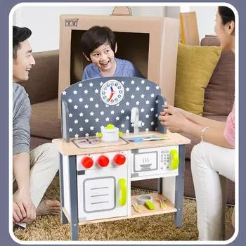 BABIBO Wooden Kitchen Toy Stove For Boys And Girls Children Wooden Play-Cutting Mini Cooking Baby Kitchenware Set серый