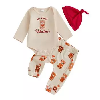 Baby Boy Valentine s Day Outfit Bear Print Long Sleeve Rompers and Elastic Pants Hat Set Spring 3 Piece Clothes 0-3 Months бежевый