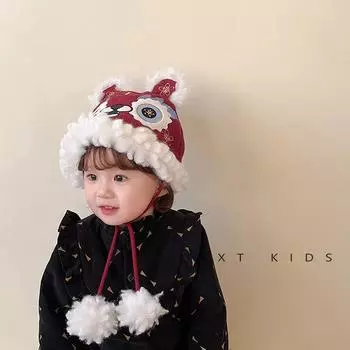 Baby ear protection hat autumn and winter thickened foreign style lion lace-up red hat infant baby New Year s greeting hat
