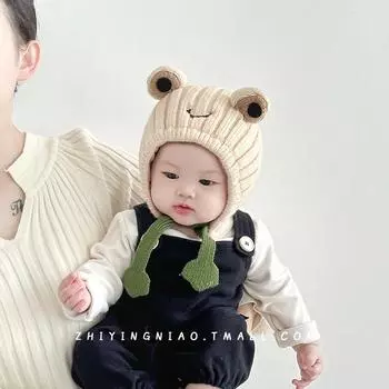 Baby hat winter knitted hat cute super cute little frog ear hat little month old baby winter wool hat 3 months-2 years old (42-50CM)