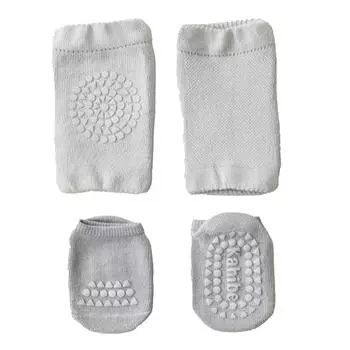 Baby Knee Pads Socks Set Combed Cotton Prevent Slip Glue Points Crawling Knee Foot Protectors M светло-серый