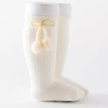 Baby Socks Solid Cotton Soft Long Princess Socks with Cute Pom-Pom Bow Decor Boy Girls Stretchy Warm Cozy Casual Socks Stockings S 0-1Y