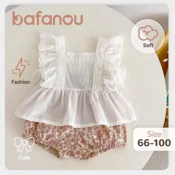 Baby suit summer thin newborn flying sleeve top floral shorts soft baby clothing sets 73cm(6-12M)
