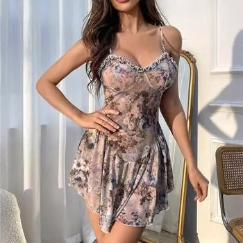 Babydolls Цветочные плиссированные лифчики Короткая юбка и ночная рубашка Женская пижама Сексуальное женское белье Push Up для взрослых Сексуальные ночи M синий