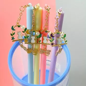Back to school season 10pcs 0.5mm cute swing pendant pen kitten playing butterfly pendant gel pen high-looking office stationery student water pen розовый