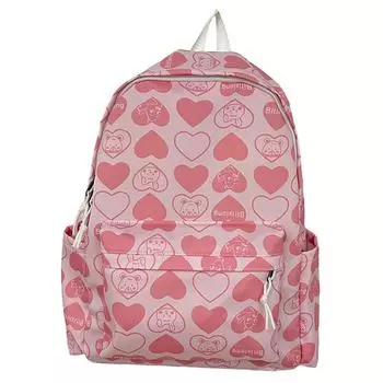 Backpack for Students Heart Pattern School Bag Nylon Adjustable Strap Book Bag Large Capacity Rucksack розовый