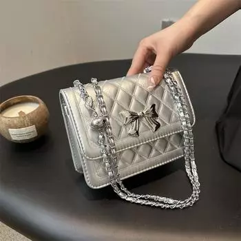 Сумка Модная Маленькая Квадратная Сумка Маленькая Сумка Через Плечо С Бантом Текстурированная Сумка Через Плечо С Цепочкой серебряный