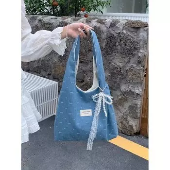 Bai Tiya Korean Series Denim Blue Bow Canvas Bag Women s Large Capacity Lazy Commuter Shoulder Tote Bag Dark blue-No Hanging
