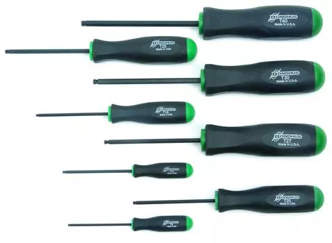 Набор шаровых отверток с шаровым наконечником, вороненые, 8 штук STX8 [BONDHUS] Torx® Star™ (Т9, Т10, Т15, Т20, Т25, Т27, Т30, Т40) №13532 чёрный