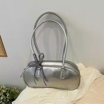 Ballet style bow portable silver bag women 2025 new trendy Korean niche underarm bag large capacity bag серебряный