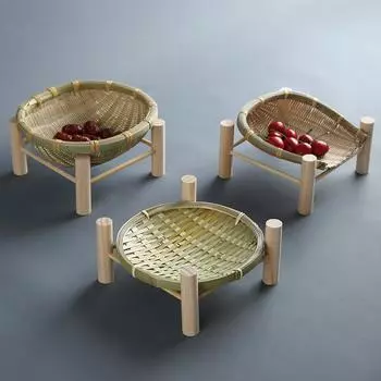 Bamboo Fruit Storage Basket Hand-woven Drain Tray Home Tea Tray Kitchen Storage Rack Retro Home Decoration Desktop Ornaments