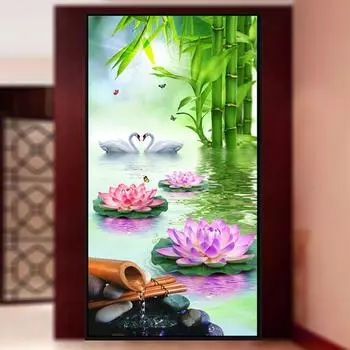 Бамбуковый лебедь лотоса, большая 5D DIY алмазная живопись, полная круглая дрель, вышивка, круглая мозаика, рукоделие, украшение дома 30x60CM
