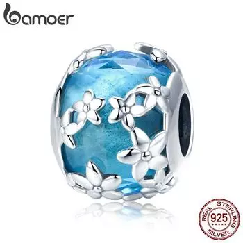 BAMOER 100% стерлинговое серебро 925 пробы ромашки цветок ромашки синие хрустальные бусины с фианитами подвеска SCC878