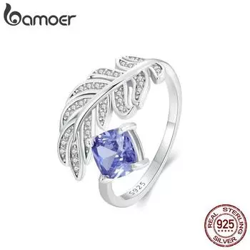 BAMOER 925 Sterling Silver Adjustable Feather Ring For Women with Blue Gemstone Dainty Feather Sizable Ring Jewelry BSR518-E