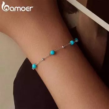BAMOER 925 стерлингового серебра бирюзовый браслет с бусинами звенья цепи позолоченный белое золото изящные ювелирные изделия ручной работы подарок для женщин 15+6cm зелёный/серебряный