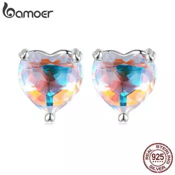 BAMOER из стерлингового серебра 925 пробы, изысканные красочные стеклянные серьги в форме сердца для женщин, ювелирные украшения на день рождения 925 silver серебряный