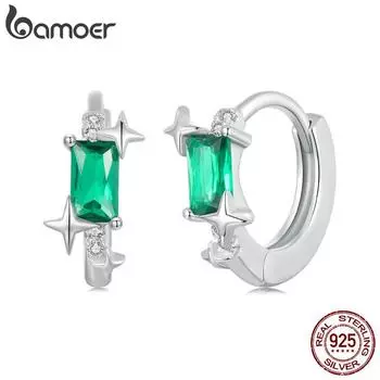 Bamoer Изысканные серьги-кольца со звездами из стерлингового серебра 925 пробы, зеленые CZ, гипоаллергенные пряжки для ушей для женщин, ювелирные изделия в подарок BSE1036